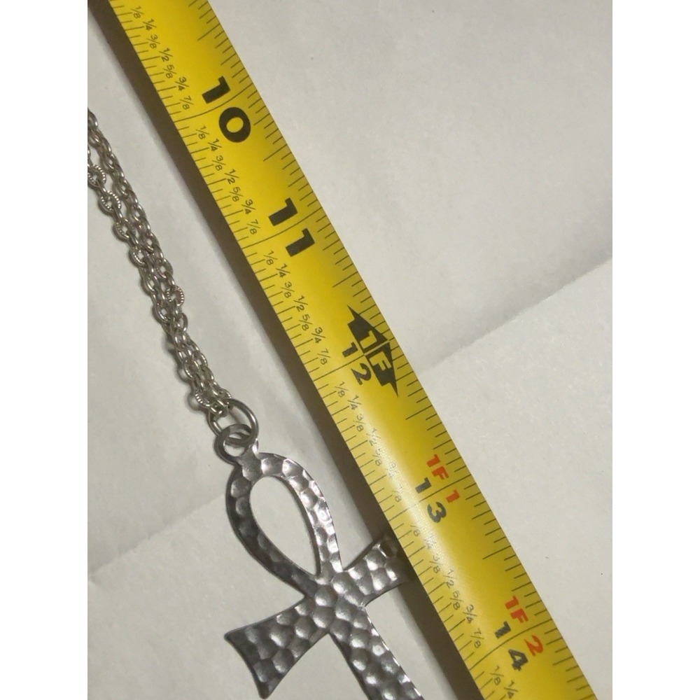 T20255-Vintage Ankh Egyptian Key of Life Pendant Necklace Hammered Silver Tone - Picture 7 of 7